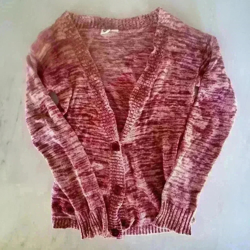 Roxy maroon cardigan sweater with three big buttons.